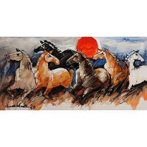Mashkoor Raza, 36 x 18 Inch, Oil on Canvas, Horse Painting, AC-MR-408
